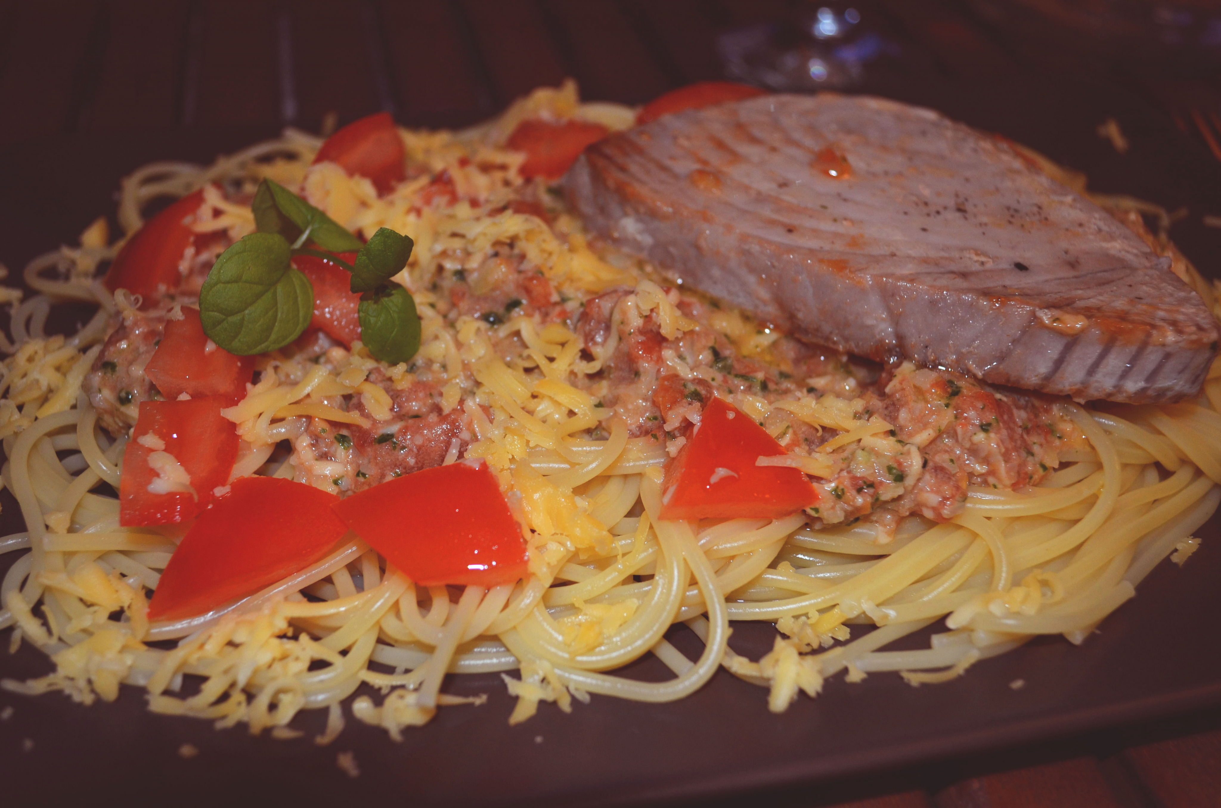 Spaghetti Trapanese with Tuna Steak!