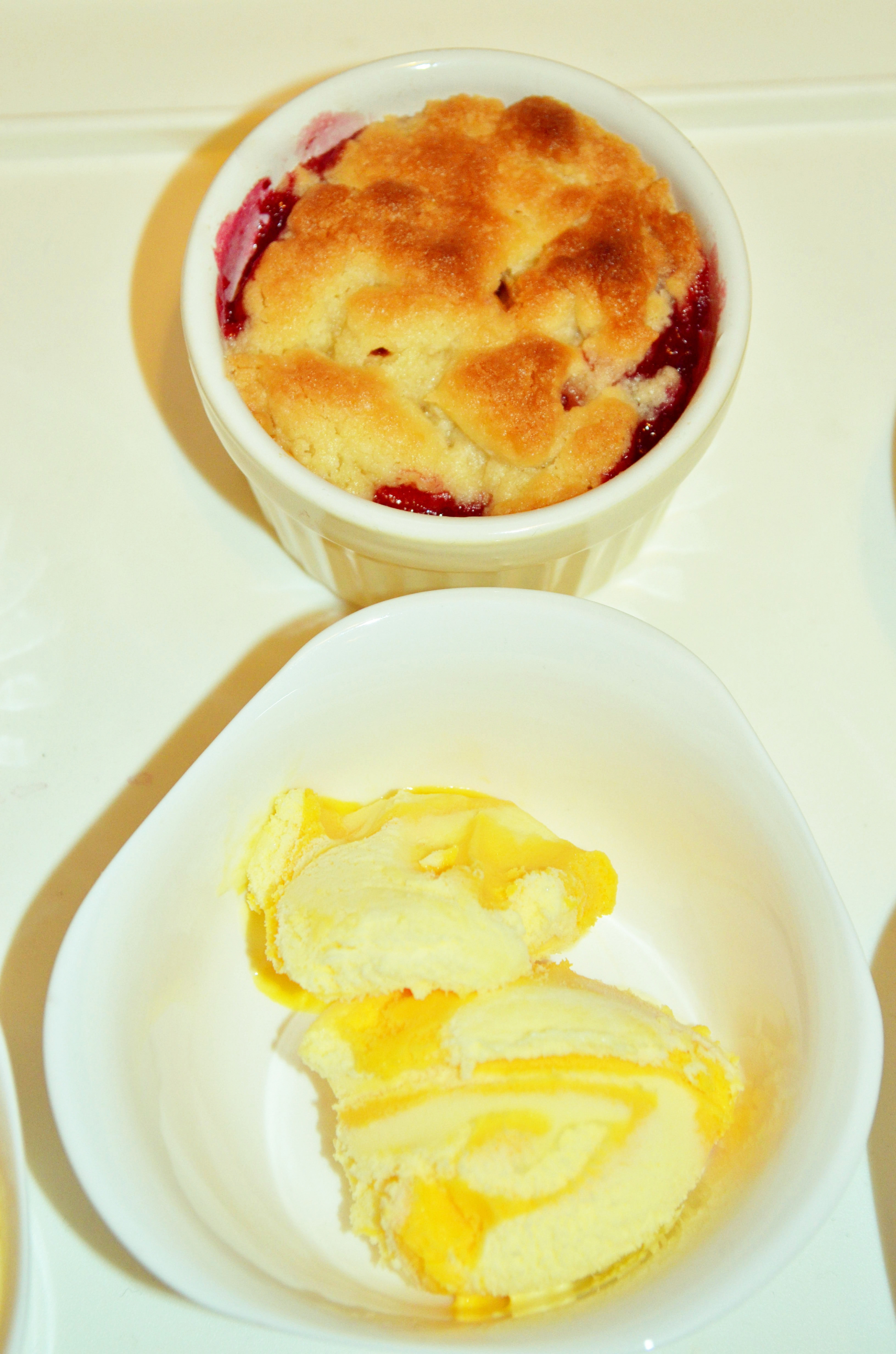 Raspberries and banana crumble with orange ice-cream!