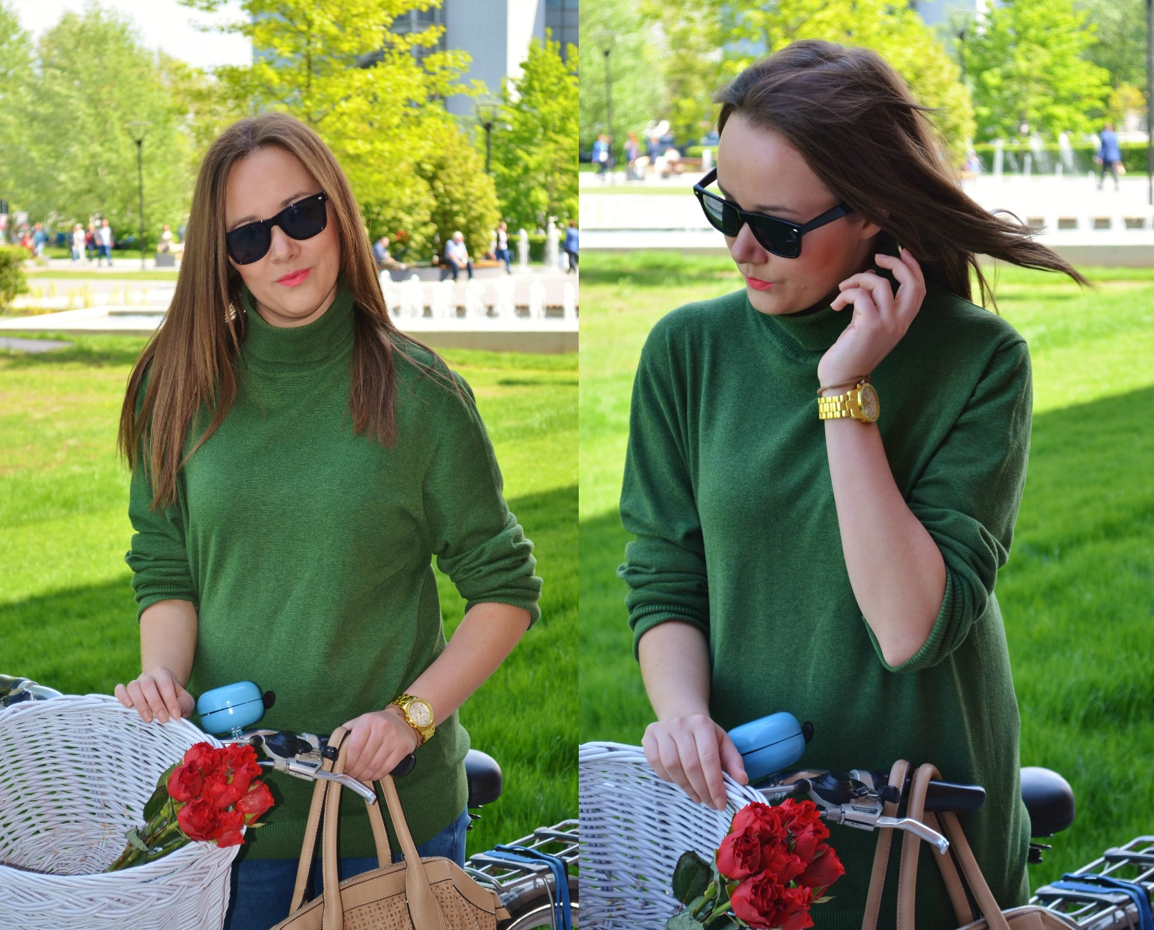 Green cowl collar, soy latte and red roses!